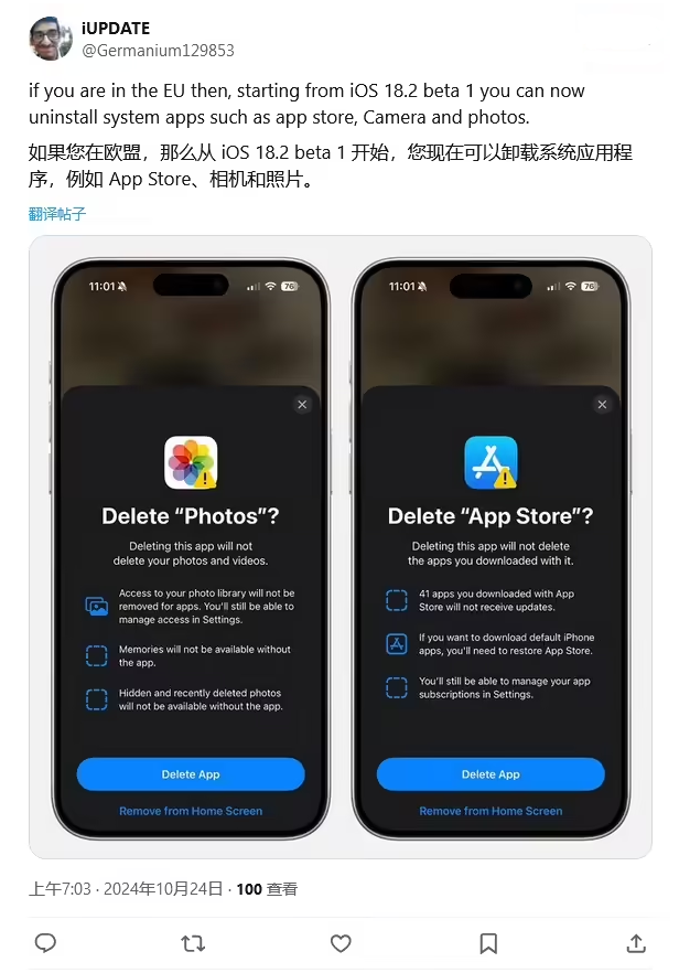 端州苹果手机维修分享iOS 18.2 支持删除 App Store 应用商店 