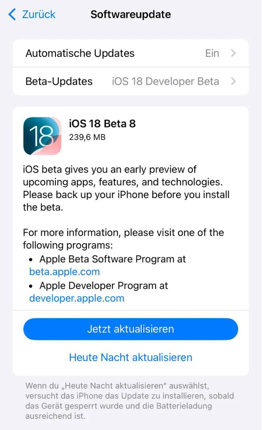 端州苹果手机维修分享苹果 iOS / iPadOS 18 开发者预览版 Beta 8 发布 